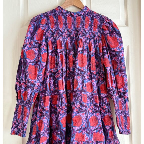 Bindu size XS Floral Smocked Dress Long Puff Sleeves, High Neck Multicolor - Picture 4 of 11